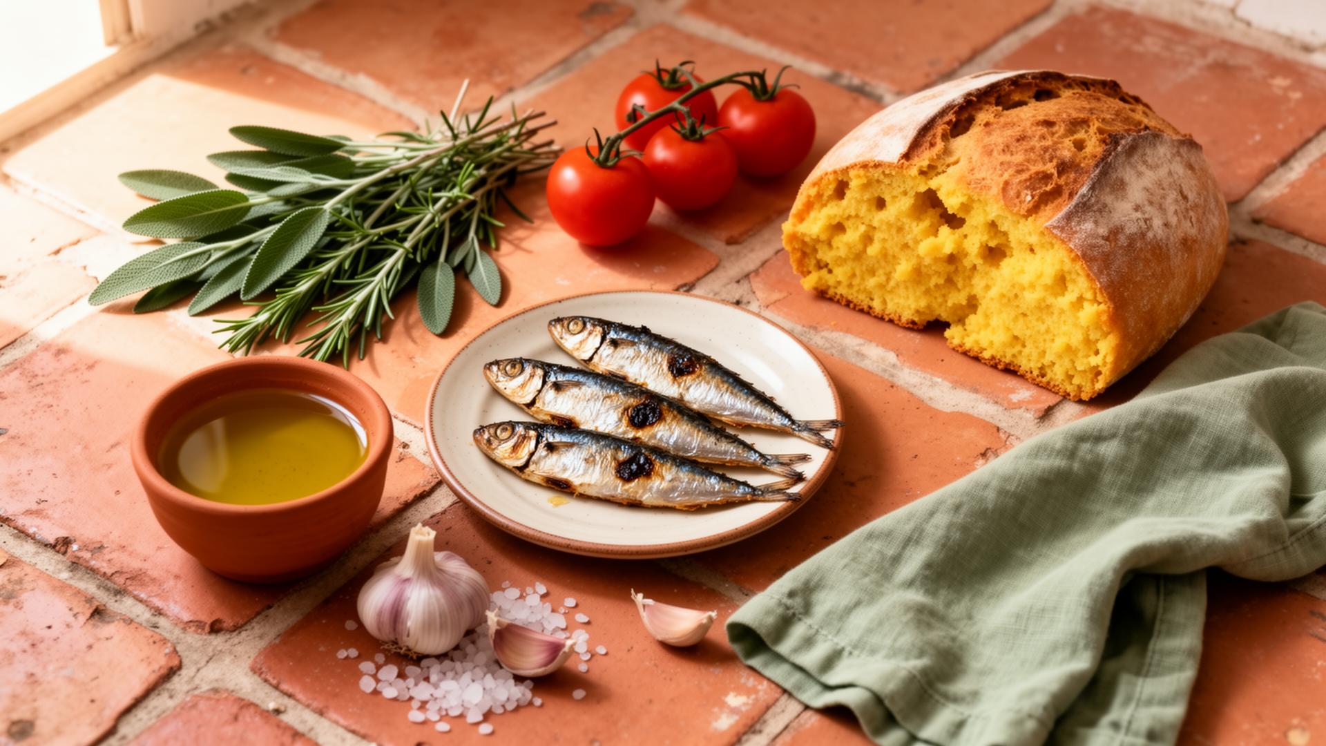 Mesa portuguesa com sardinhas, broa, azeite e ervas frescas